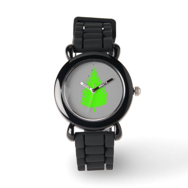 Silhouette d'arbre vert sur montre gris (Recto)