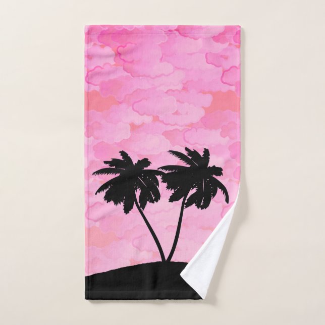 Silhouette de palmier contre l'aube rose avec nuag (Serviette à main)