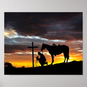 Silhouette De Prière Cowboy Avec Poster Du Coucher