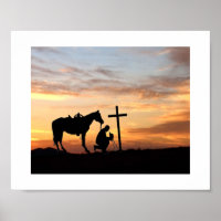Silhouette De Prière Cowboy Avec Poster Du Coucher