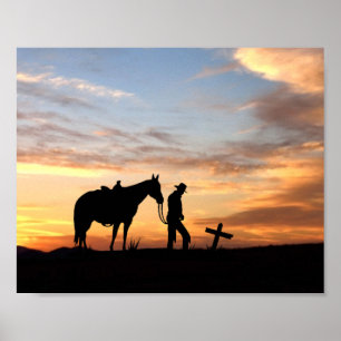 Silhouette De Prière Cowboy Avec Poster Du Coucher