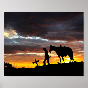 Silhouette De Prière Cowboy Avec Poster Du Coucher