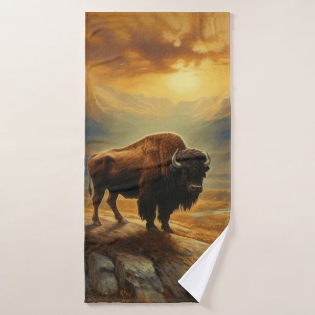 Silhouette du coucher de soleil de bison de buffle (Serviette de bain)