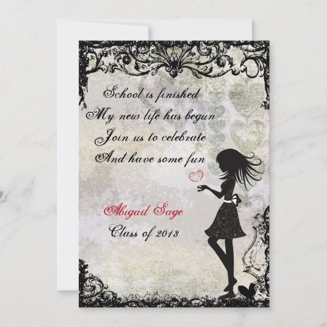 Silhouette Girl and Hearts Graduation Invitation (Devant)