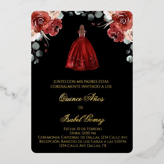 Silhouette rouge quinceañera invitation foil invit (Recto)