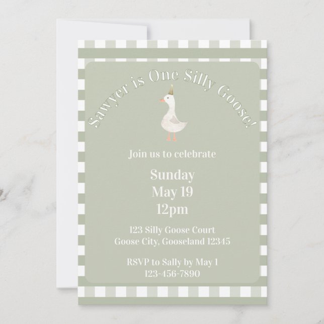Silly Goose 1st Birthday Invitation (Sage Green) (Devant)