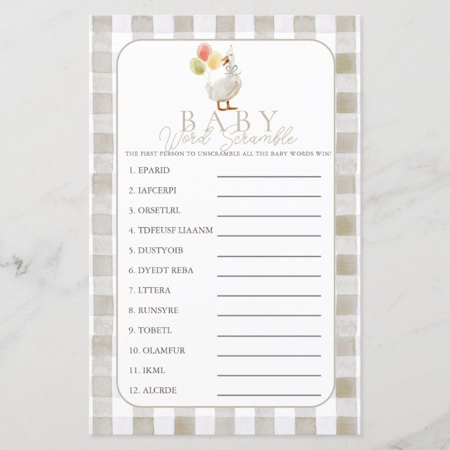 Silly Goose Beige Gingham Baby Word Scramble (Devant)