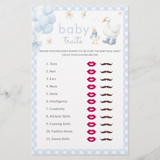 Silly Goose Boy Baby Traits Baby shower Jeu (Devant)