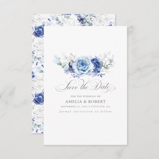 Silver and Dusty Blue Floral Save the Date (Devant / Derrière)