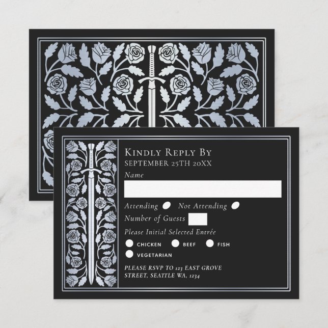 Silver Black Medieval Sword Wedding RSVP (Devant / Derrière)