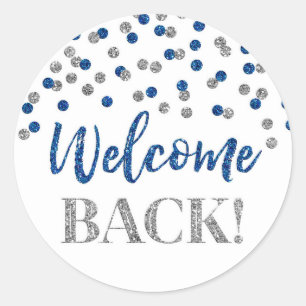 Silver Blue Confetti Welcome Back Round Sticker