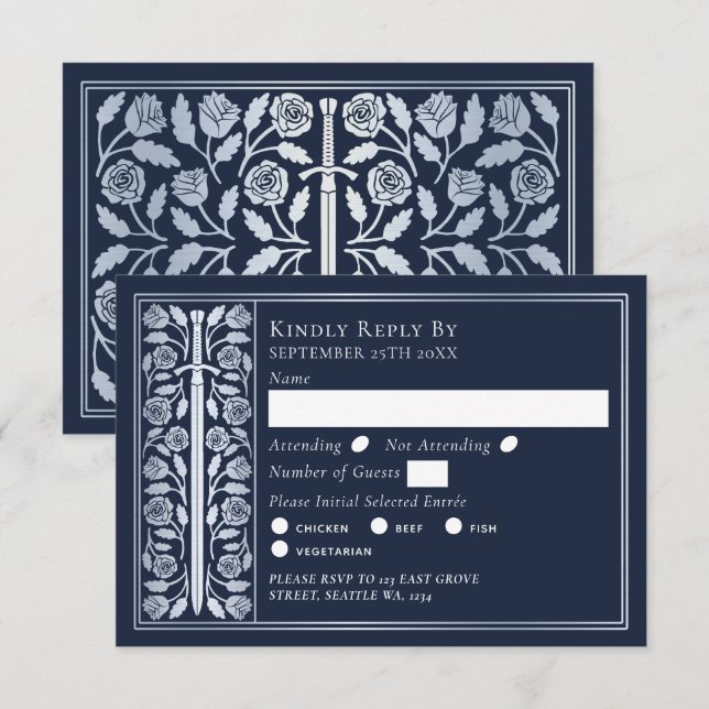 Silver Blue Medieval Sword Wedding RSVP (Devant / Derrière)