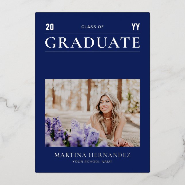 Silver & Blue Modern Photo Graduation Faire-part (Recto)