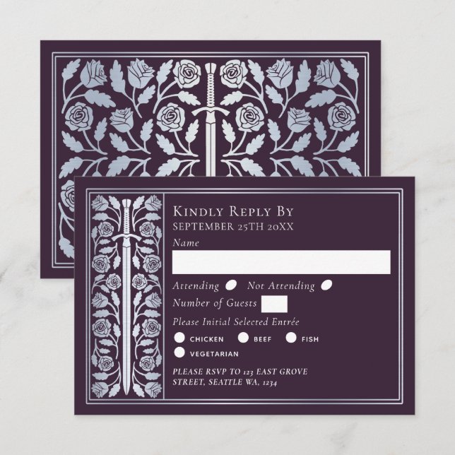 Silver Eggplant Medieval Sword Wedding RSVP (Devant / Derrière)