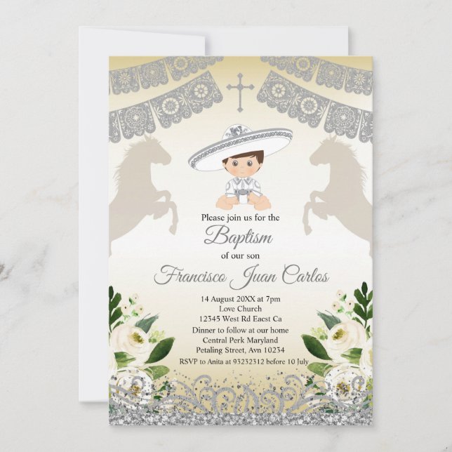 Silver Fiesta Boy Baptême Christening Invitation (Devant)