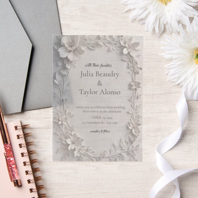 Silver Floral Embossed Wedding Invitation (Mariage)