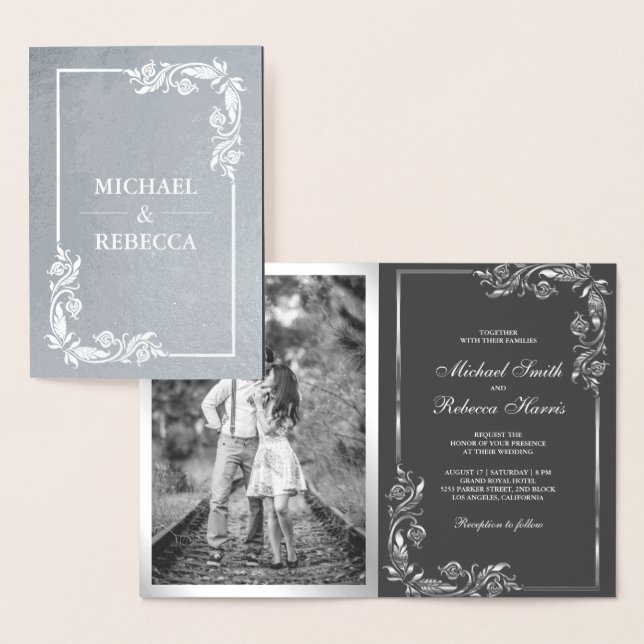 Silver Foil Floral Photo Grey Faire-part de mariag (Affichage)