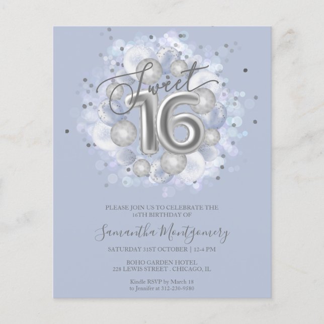 Silver Foil Sweet 16 Ballons Budget Invitation (Devant)