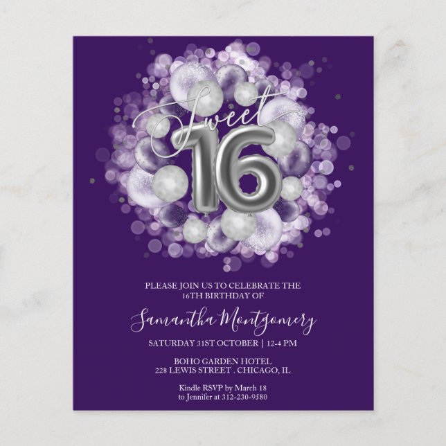 Silver Foil Sweet 16 Ballons Budget Invitation (Devant)
