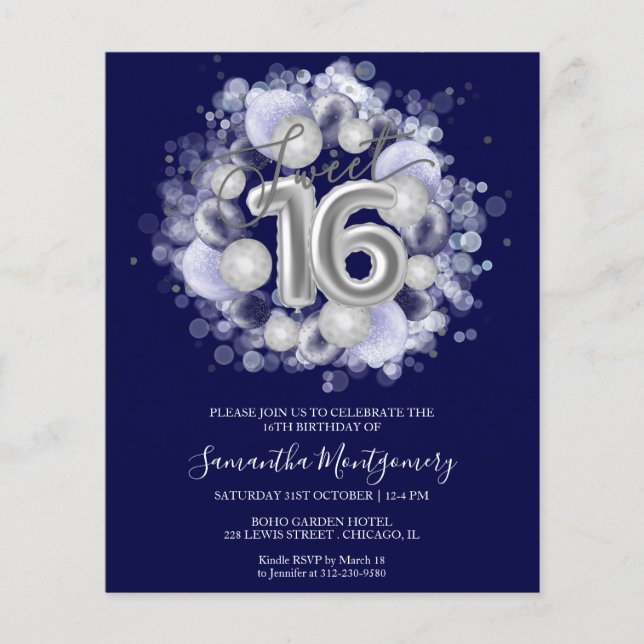 Silver Foil Sweet 16 Ballons Budget Invitation (Devant)