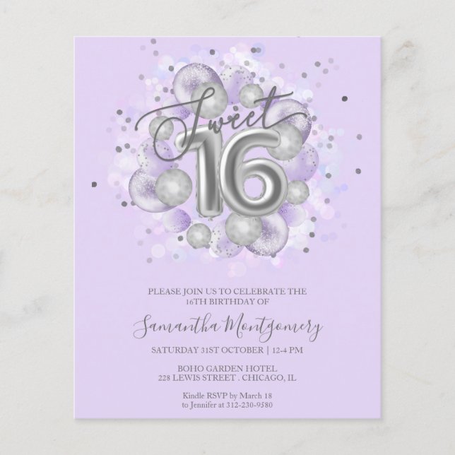 Silver Foil Sweet 16 Ballons Budget Invitation (Devant)