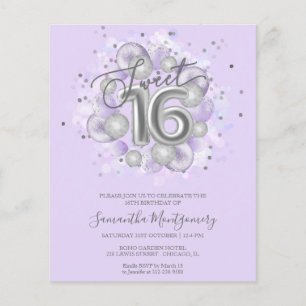 Silver Foil Sweet 16 Ballons Budget Invitation