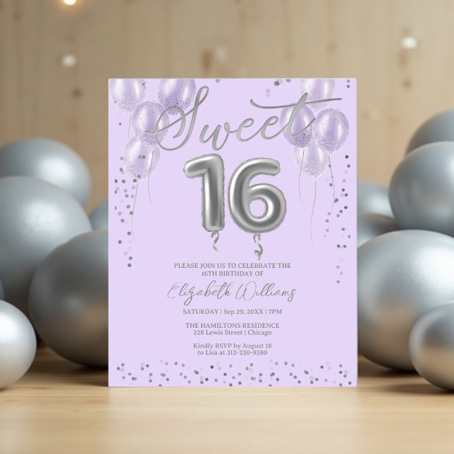Silver Foil Sweet 16 Ballons Invitations Budget (Créateur téléchargé)