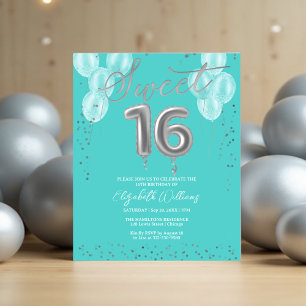 Silver Foil Sweet 16 Ballons Invitations Budget