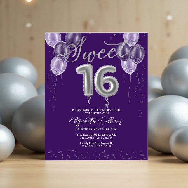 Silver Foil Sweet 16 Ballons Invitations Budget (Créateur téléchargé)