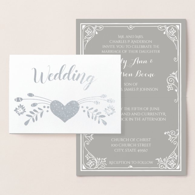 Silver Foil Typographie Florale Invitations de mar (Affichage)