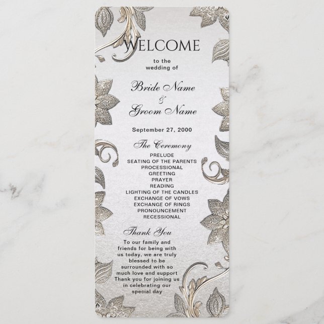 Silver Gold Floral Wedding Programme (Devant)