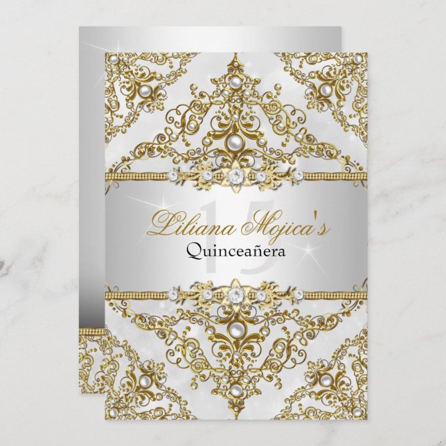 Silver & Gold Pearl Damask Quinceanera Invitation (Devant / Derrière)