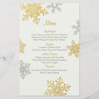 Silver Gold Pearl Snowflakes Menu de mariage hiver