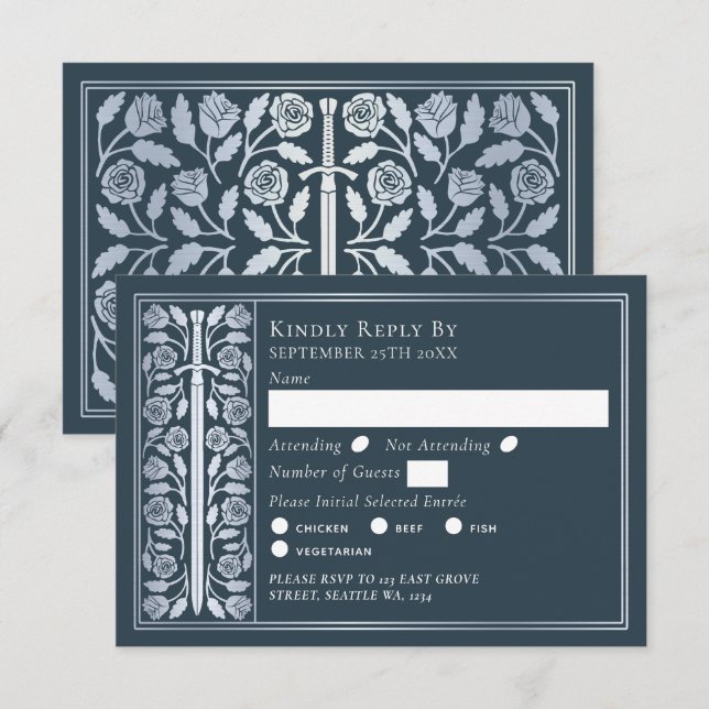Silver Gray Medieval Sword Wedding RSVP (Devant / Derrière)