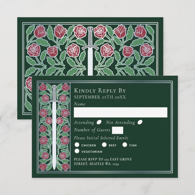 Silver Green Medieval Floral Sword Wedding RSVP (Devant / Derrière)