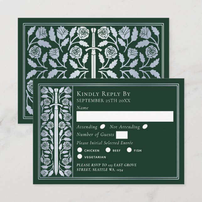 Silver Green Medieval Sword Wedding RSVP (Devant / Derrière)