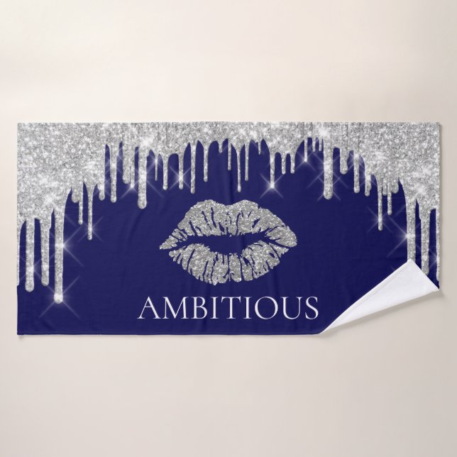 Silver Grey Drips Kiss Lips Nom AMBITIEUX (Serviette de bain)