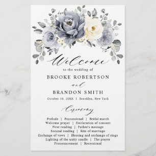 Silver Grey Ivory Floral Winter Wedding Programme