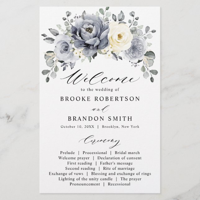 Silver Grey Ivory Floral Winter Wedding Programme (Devant)