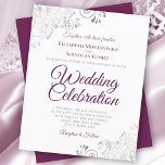 Silver Lace Cassis White BUDGET Wedding Invitation<br><div class="desc">These affordable, budget friendly wedding invitations are the perfect choice for class, style, and beauty on a budget. The design features cassis purple or magenta and gray text on a classic white background with ornate silver gray curls and swirls in the corners. The typography includes fancy script lettering for a...</div>