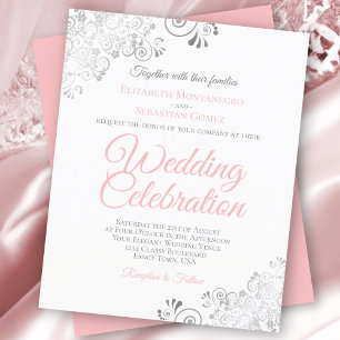 Silver Lace Pink & White BUDGET Wedding Invitation