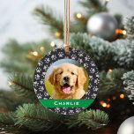 Silver Pet Paw Prints Green Custom Dog Name Photo<br><div class="desc">This elegant custom holiday ornament can be personalized with a cute photo of your pet dog (or cat) and their first name. Includes a soft black background color with a green monogram stripe and silver paw prints pattern. Makes a unique Christmas gift for dog lovers or to celebrate puppy's first...</div>
