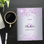 Silver purple glitter name monogram 2023<br><div class="desc">A faux silver metallic looking background decorated with purple faux glitter dust. Personalize and add your first name,  monogram initials,  full name and a year.</div>