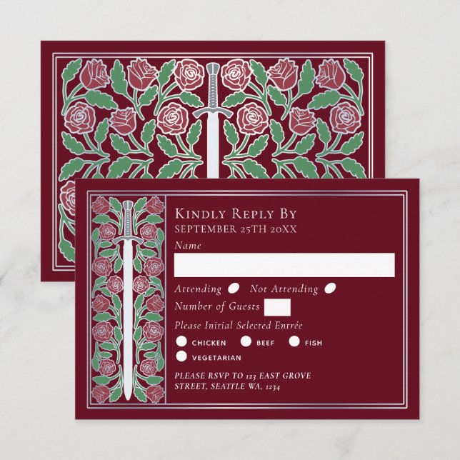 Silver Red Medieval Floral Sword Wedding RSVP (Devant / Derrière)