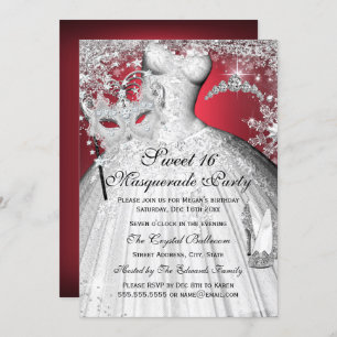 Silver Red Princess Masquerade Sweet 16 Invitation