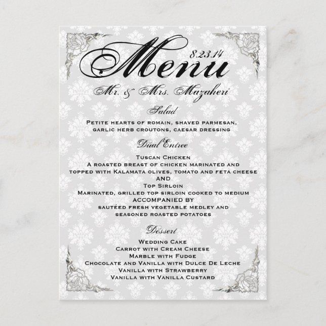 Silver Rose Wedding Dinner Menu Thank you Note (Devant)