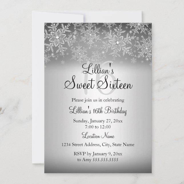 Silver Sparkle Snowflake Sweet 16 Invitation (Devant)