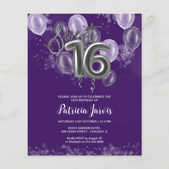 Silver Sweet 16 Ballons Anniversaires Invitations  (Devant)