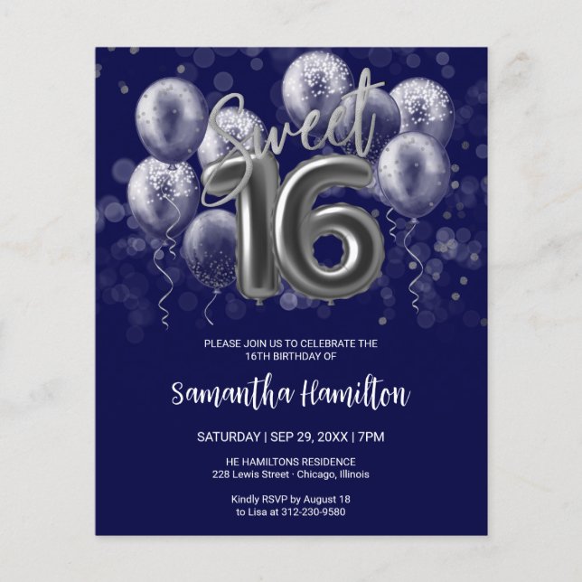 Silver Sweet 16 Ballons Blue Budge Invitation (Devant)