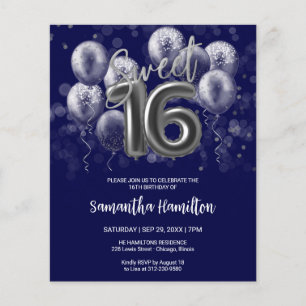 Silver Sweet 16 Ballons Blue Budge Invitation